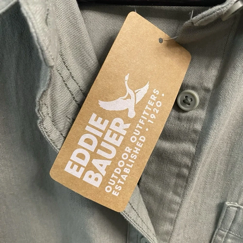 Eddie Bauer Womens 100% Cotton Dress‎ Sage Green/Button Front/Short Sleeve L NWT